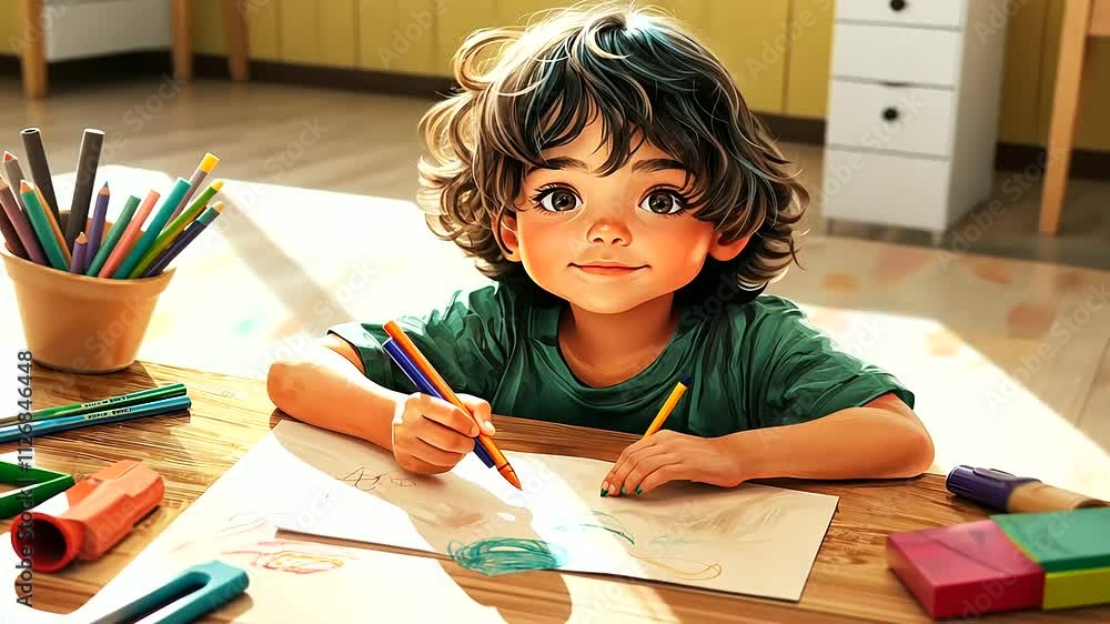 Little Preschool Kid Drawing with Crayons in Cozy Sunlit Room Little Preschool Kid Drawing with Crayons in Cozy Sunlit Room