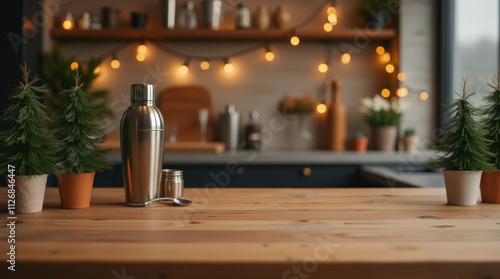 Minimalist Wooden Countertop with Festive Holiday Bar Setup photo