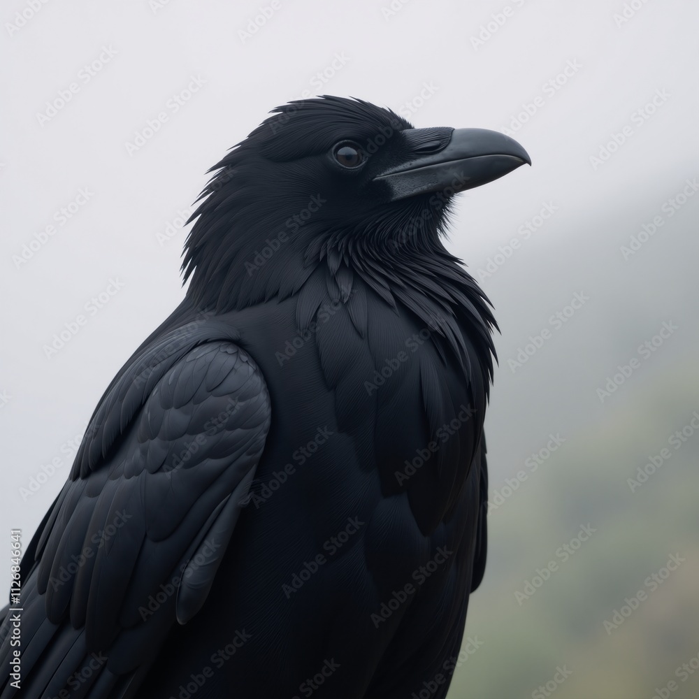 Misty scene showcases a dark raven boasting intricately detailed feathers Misty scene showcases a dark raven boasting intricately detailed feathers