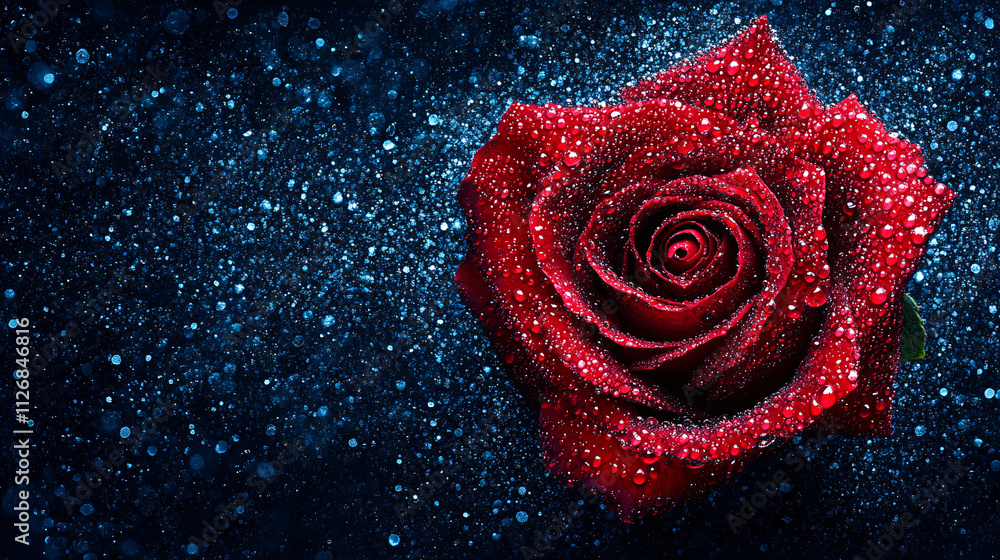 close up macro shot of single red rose with dew drops glistening against dark background, creating stunning visual effect. vibrant colors and details evoke sense of beauty and freshness close up macro shot of single red rose with dew drops glistening against dark background, creating stunning visual effect. vibrant colors and details evoke sense of beauty and freshness
