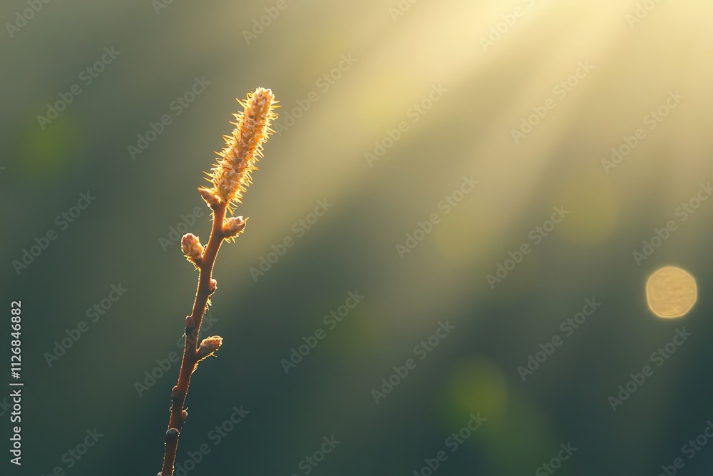 A delicate willow branch with buds in the spring sunlight. A delicate willow branch with buds in the spring sunlight.