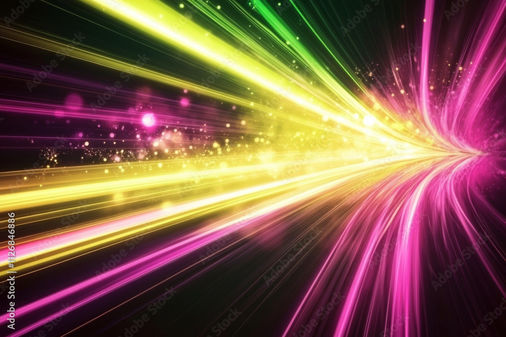 An abstract digital background with radiant light trails in pink, yellow, and green flowing across a black field. An abstract digital background with radiant light trails in pink, yellow, and green flowing across a black field.