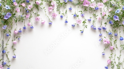 Beautiful wild flowers chamomile, purple wild peas border. Daisy frame banner template. Beautiful spring or summer nature season background. Copy space for text, white background