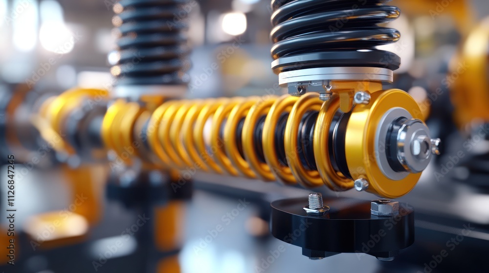 Close-up of a mechanical suspension system showcasing springs and components. Close-up of a mechanical suspension system showcasing springs and components.