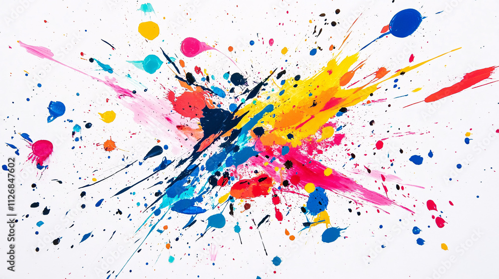 Abstract splatter of vibrant paint, creating a chaotic yet artistic pattern on a white background. Abstract splatter of vibrant paint, creating a chaotic yet artistic pattern on a white background.