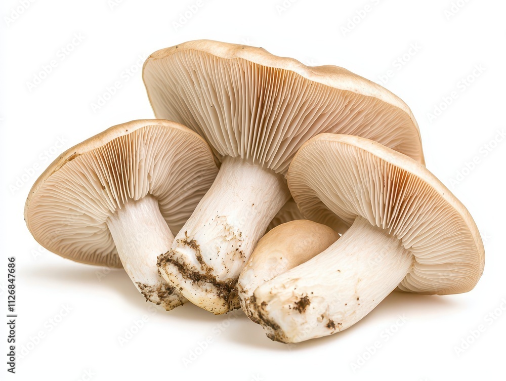 Three fresh white mushrooms with smooth caps and visible gills, arranged closely on a white background. Three fresh white mushrooms with smooth caps and visible gills, arranged closely on a white background.