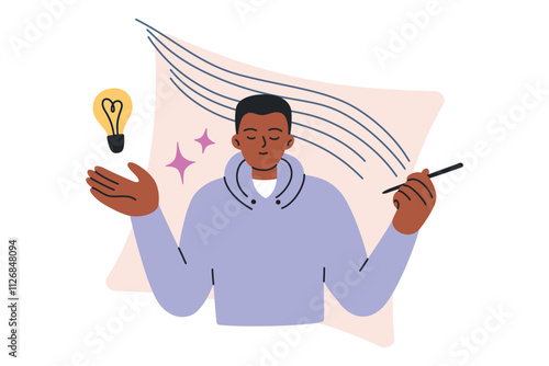 Man in state of flow, immersed in work with pen in hand, person creating ideas. Concept of inspiration, focus, psychology, and self improvement. Vector illustration in flat, cartoon, and doodle style