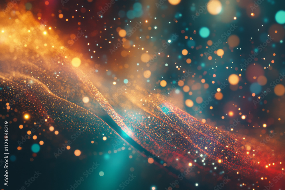 Fototapeta premium An abstract digital background featuring glowing fractal patterns in vivid gold, teal, and red over a cosmic texture.