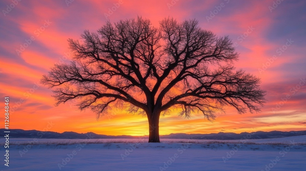 Lone Tree Silhouetted Against Vibrant Sunset Sky Lone Tree Silhouetted Against Vibrant Sunset Sky