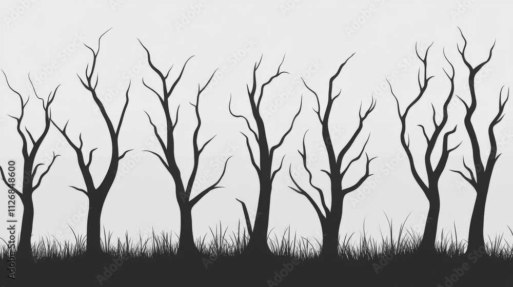 Fototapeta premium Silhouette Of Leafless Trees In A Row Against A Light Background