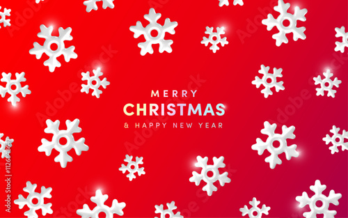 Merry Christmas and Happy New Year red background. Vector 3d white glossy snowflakes greeting concept. Falling snow on red gradient background. Trendy 3d Xmas illustration, wallpaper, banner, decor.