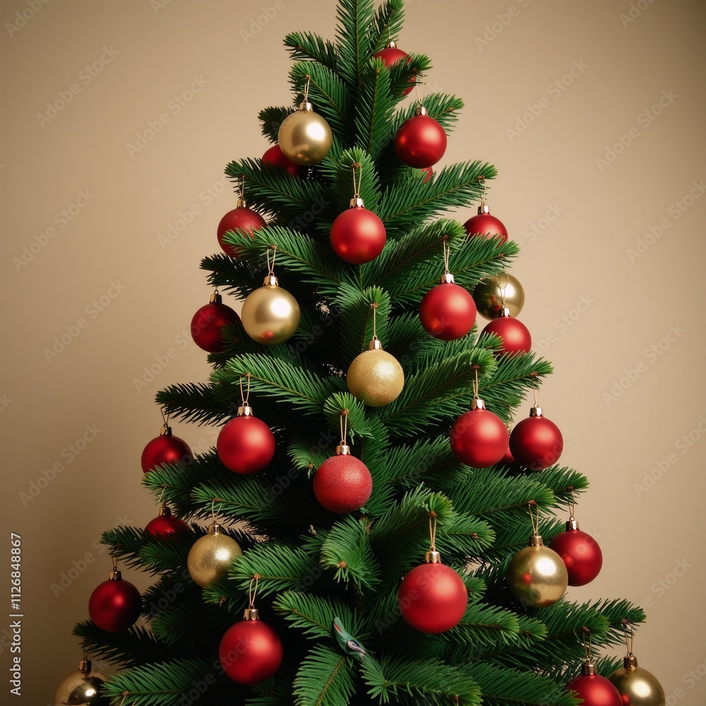 A Christmas tree adorned with numerous bright ornaments featuring both gold and red decorations for a festive New Year display A Christmas tree adorned with numerous bright ornaments featuring both gold and red decorations for a festive New Year display