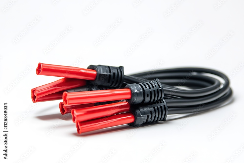 set of jumper cables with heavy-duty clamps and bright red and black insulation displayed on white background set of jumper cables with heavy-duty clamps and bright red and black insulation displayed on white background