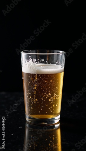 Minimalist beer glass with water droplets against black backdrop
