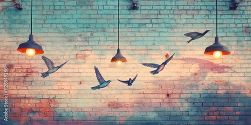 A textured brick wall transitioning into a whimsical mural of birds in flight against a soft pastel sky, illuminated by warm pendant lighting.