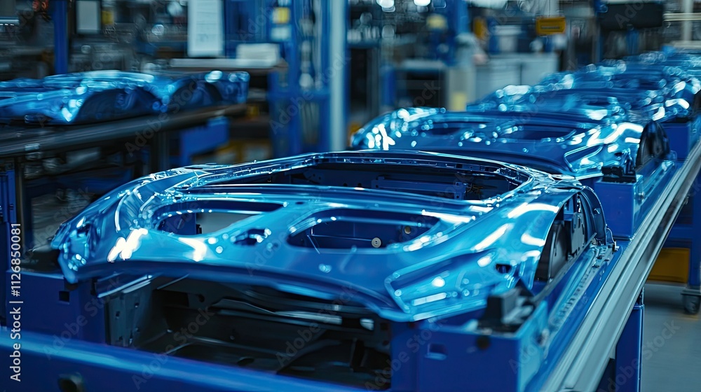 Blue car parts on assembly line in factory. Blue car parts on assembly line in factory.