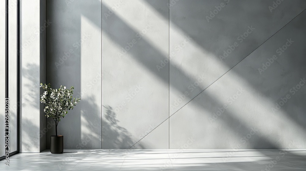Minimalistic interior with soft natural light casting shadows on a gray concrete wall, accompanied by a potted plant in a sleek black planter. AI generative. Minimalistic interior with soft natural light casting shadows on a gray concrete wall, accompanied by a potted plant in a sleek black planter. AI generative.