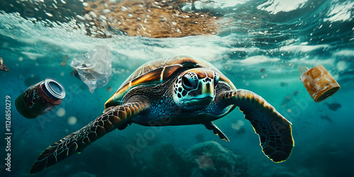 Sea Turtle Swimming with Plastic Bag