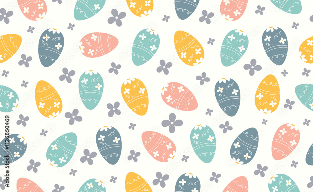 Modern Easter seamless pattern with egg, spring flowers, daisy. Happy Easter pattern in flat style for background, kids textiles, posters, banners, greeting cards. Vector illustration. Modern Easter seamless pattern with egg, spring flowers, daisy. Happy Easter pattern in flat style for background, kids textiles, posters, banners, greeting cards. Vector illustration.