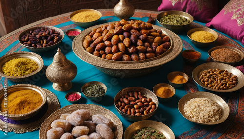 A high angle, full shot of a table laden with various Middle Eastern foods, including dates, nuts, spices, and grains. photo