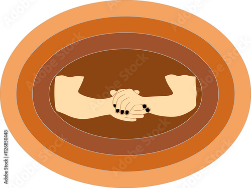 Illustration of Hands Shaking Firmly in a Brown and Orange Tiered Oval Frame, Symbolizing Unity, Collaboration, and Solidarity with Warm and Harmonious Nuances