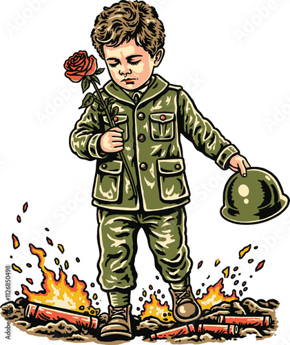 Sad children army vintage illustration