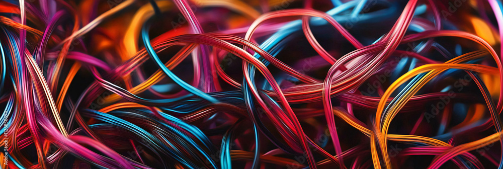 Abstract tangled wires and cables, creating a chaotic web of connections in vibrant metallic colors. Abstract tangled wires and cables, creating a chaotic web of connections in vibrant metallic colors.