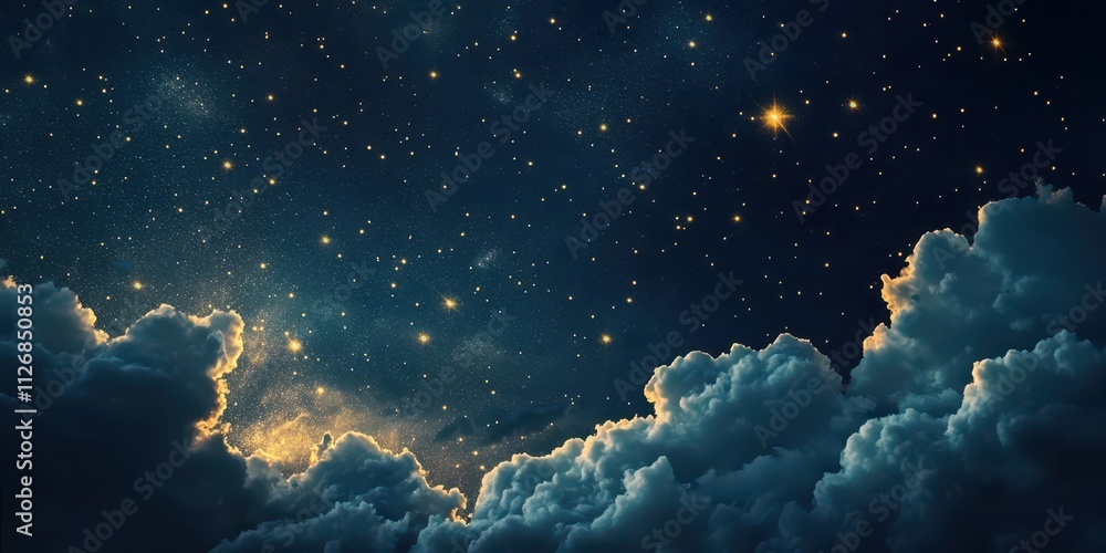 Obraz premium A starry night sky filled with golden constellations, surrounded by soft clouds illuminated by moonlight, creating a dreamy and serene composition.