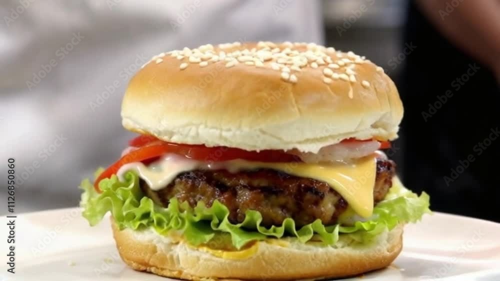 Close up shot of hand of chef putting a fresh top bun on large appetizing burger with various ingredients - food preparation, fast food concept 4k footage Close up shot of hand of chef putting a fresh top bun on large appetizing burger with various ingredients - food preparation, fast food concept 4k footage