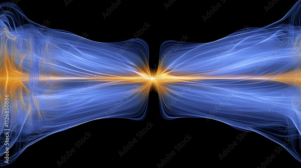 Fototapeta premium Abstract magnetic field visualization with glowing lines and arrows representing the flow of magnetic force around a central object in a dark, empty space.