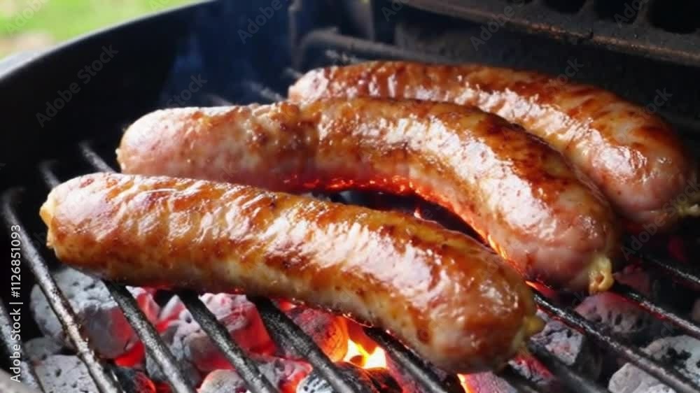 close-up view of sausages grilling on charcoal grill grate close-up view of sausages grilling on charcoal grill grate