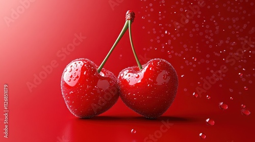 3d red cherry,Collection of realistic ripe cherries in different,3d y2k style,Red berries with tails, groups and single,Vitamin summer natural desserts,Juicy ingredients for recipes concept. photo