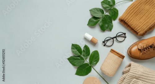 Wallpaper Mural Flat lay fashion accessories eco-friendly cosmetics on pastel background Torontodigital.ca