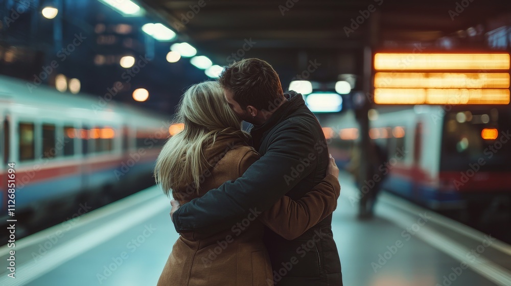 Romantic Embrace at a Train Station