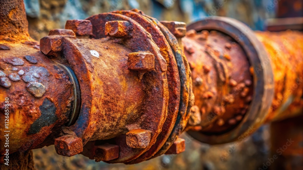 A close-up of a rusty industrial pipe, the metal corroded and pitted, revealing a history of use and wear A close-up of a rusty industrial pipe, the metal corroded and pitted, revealing a history of use and wear