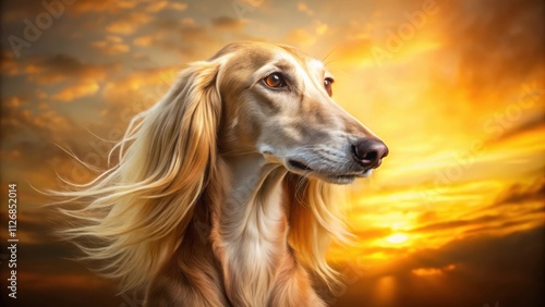 A regal sighthound with flowing golden fur stands against a backdrop of fiery sunset hues, its piercing gaze fixed on the horizon