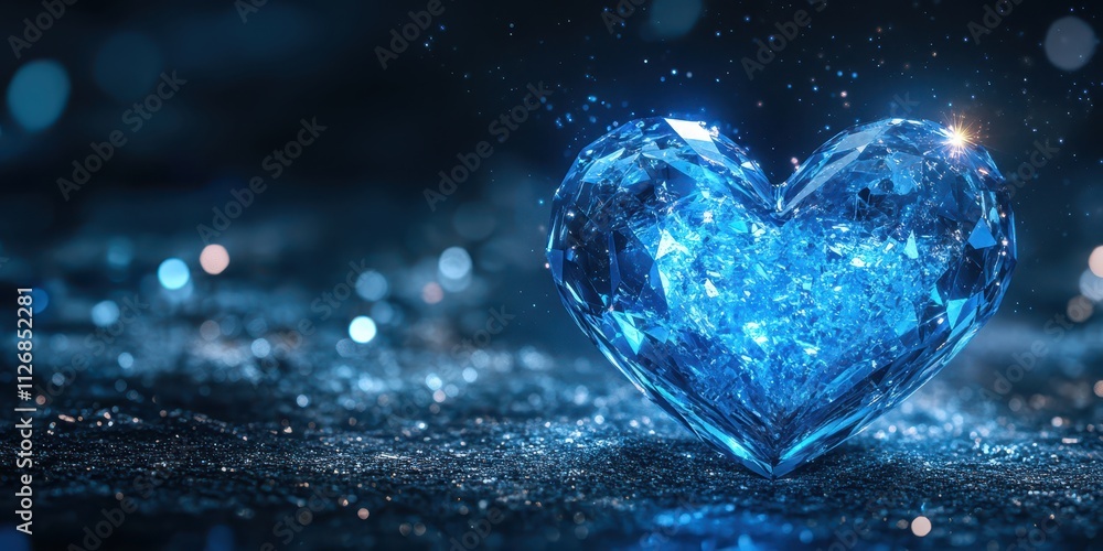 A heart-shaped crystal glowing with vivid blue light, its edges shimmering with faint white highlights, surrounded by scattered cosmic sparkles. A heart-shaped crystal glowing with vivid blue light, its edges shimmering with faint white highlights, surrounded by scattered cosmic sparkles.
