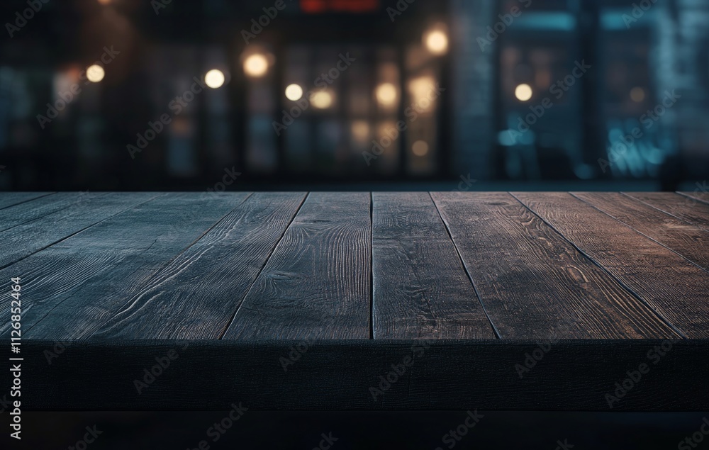 Dark Wooden Table Top with Night City Lights Background Dark Wooden Table Top with Night City Lights Background