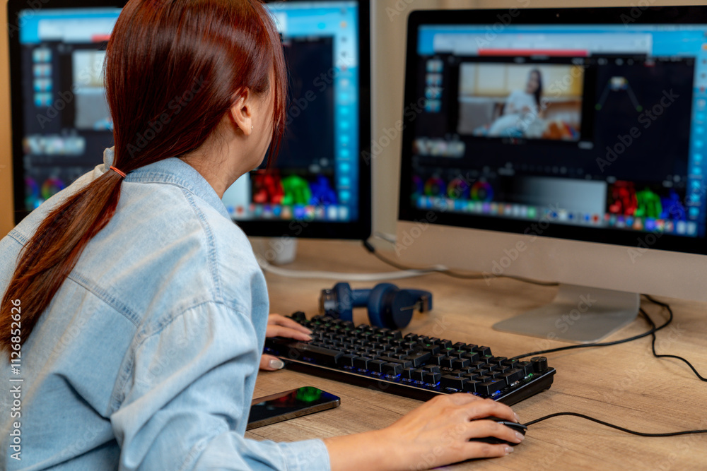 A young woman editing videos at home A young woman editing videos at home