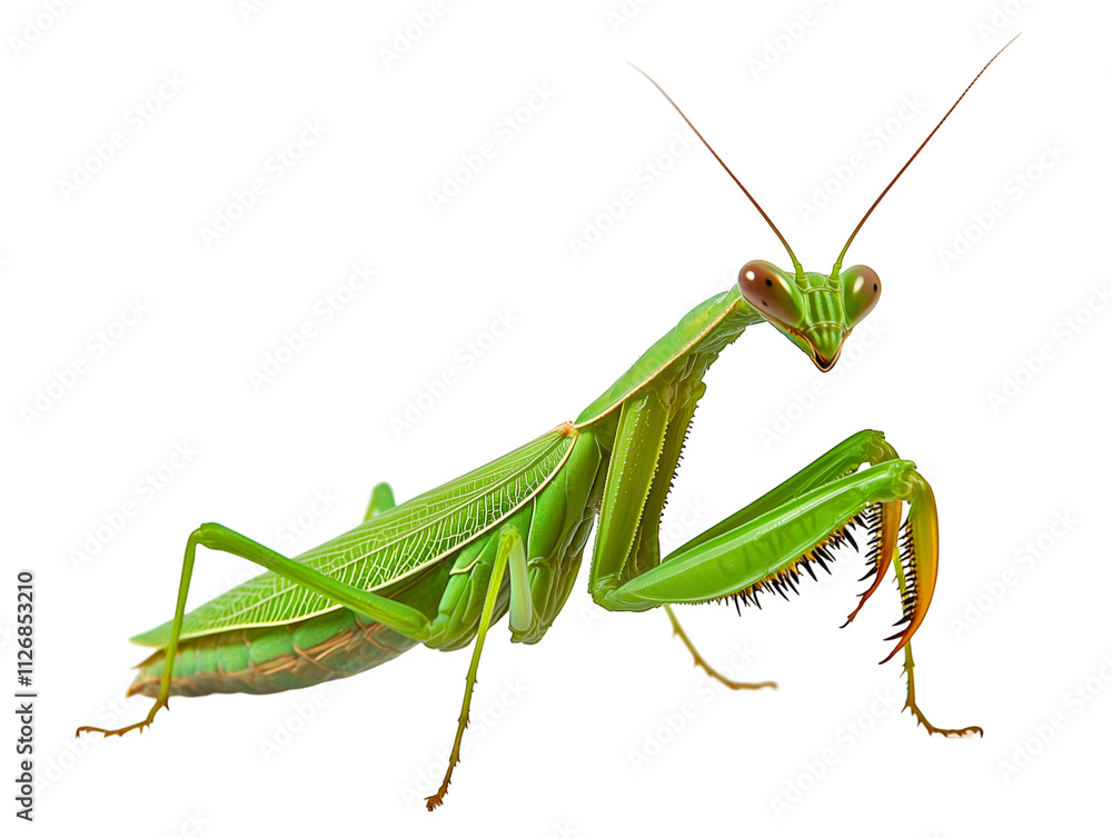 Green praying mantis with detailed body and legs, PNG image, Cutout, Isolated on white background Green praying mantis with detailed body and legs, PNG image, Cutout, Isolated on white background