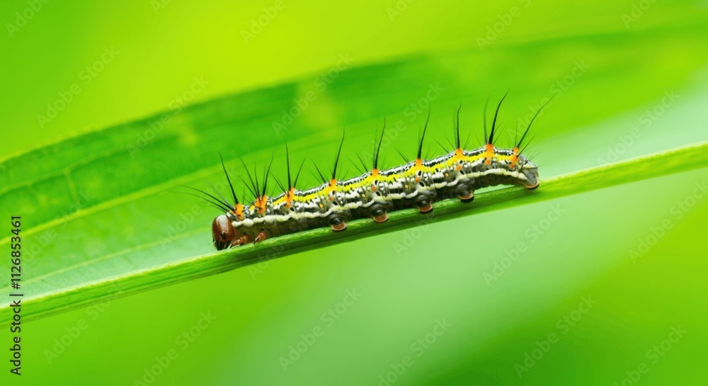 Fototapeta premium Vibrant caterpillar on fresh green leaf in nature