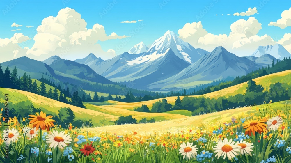 Fototapeta premium Majestic Mountains and Blooming Wildflower Meadow