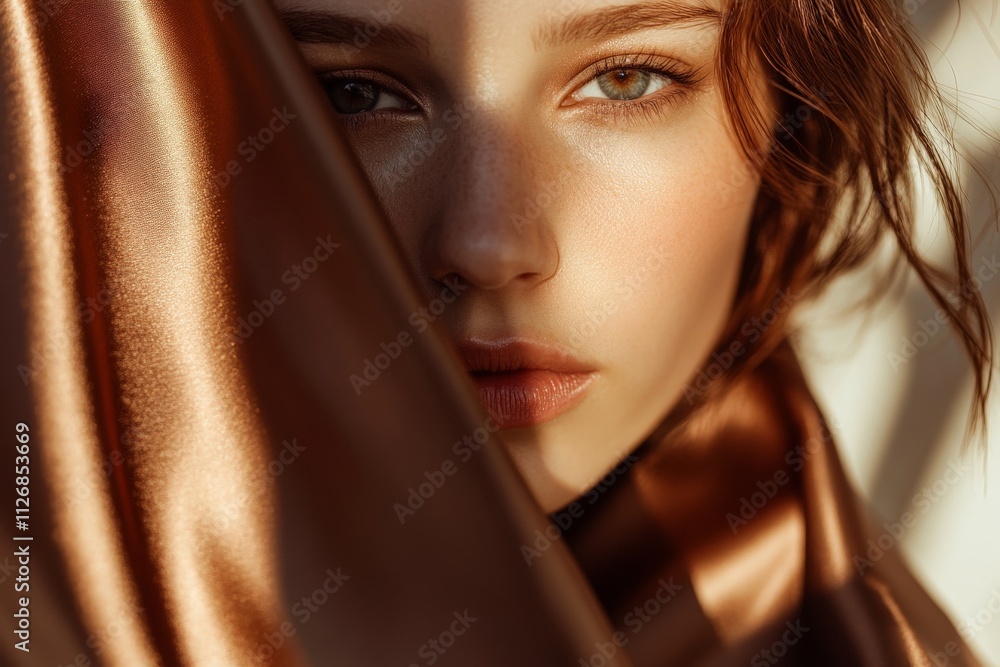 Close-up of young caucasian female with sunlit freckles draped in satin Close-up of young caucasian female with sunlit freckles draped in satin