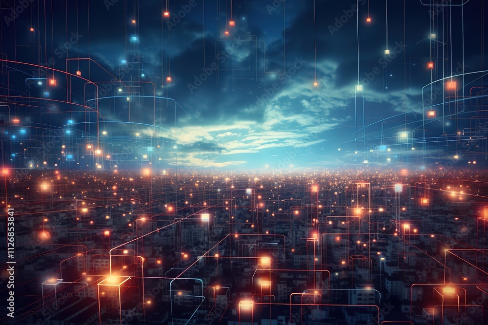 Obraz premium Flying Blue and orange boxes in the sea. Block chain, data transfer, Bitcoin Network, Digital structures, Production Line, Quantum Computing, Cloud Computing, Web Service. 3d rendering