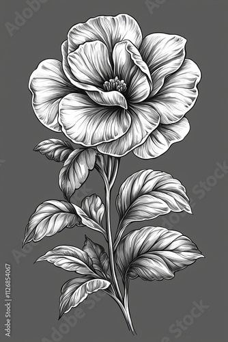 Elegant Monochrome Botanical Illustration of a Camellia Flower