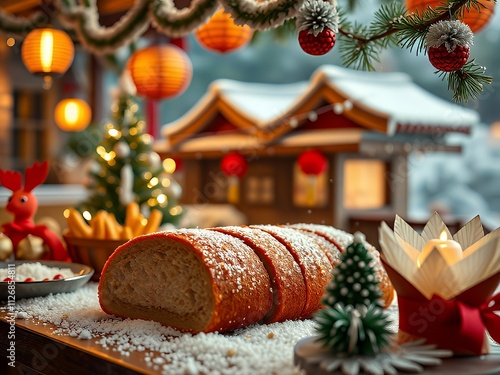 there is a loaf of bread on a table with decorations. photo