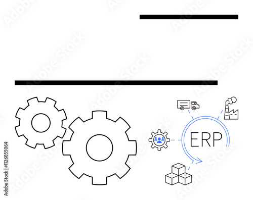Two large gears with an ERP icon, factory, truck, worker, and boxes. Ideal for business automation, process management, logistics planning, supply chain enterprise systems production efficiency