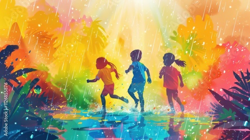 Vector art of children having fun with a sprinkler, surrounded by rainbow-colored water streams making the scene lively and colorful