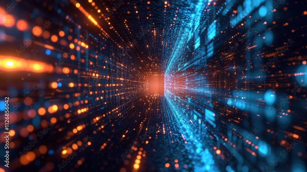 Obraz premium Flowing through a digital tunnel, orange and blue binary code particles create a vibrant display, embodying a futuristic and innovative production process in cyberspace