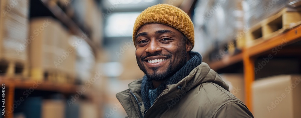 Smiling man in warehouse with boxes. Smiling man in warehouse with boxes.